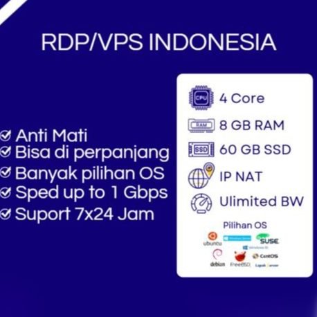 RDP / VPS RAM 8 GB 4 CORE INDONESIA BULANAN ANTI MATI BISA DI PERPANJANG