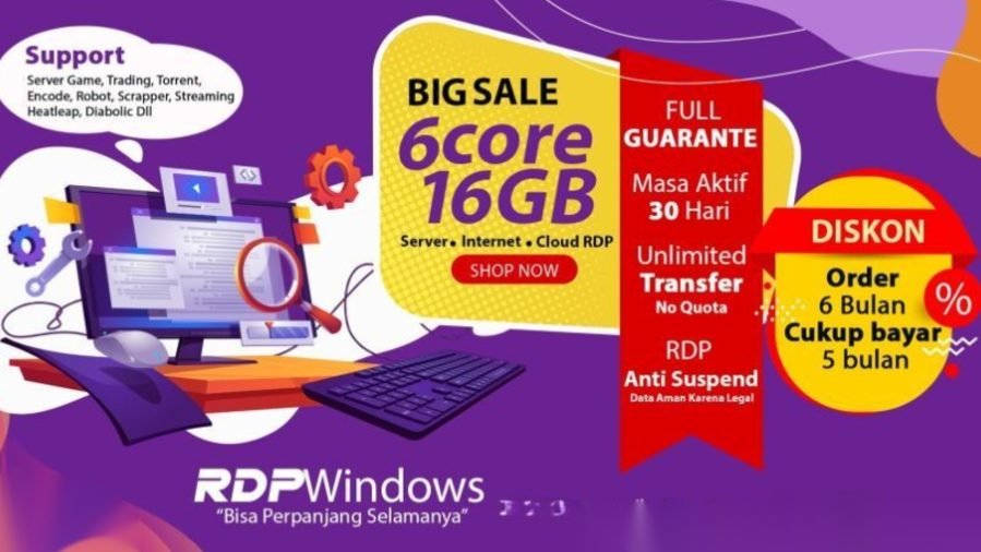 RDP Full Admin Spek 4 CPU 16 GB RAM 100 GB SSD