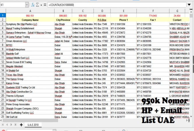 950.000 Database NOMOR HP dan EMAIL LIST Bisnis Uni Emirates Arab (UAE)