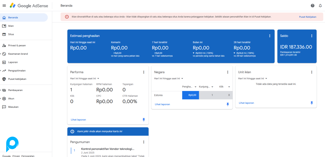 Akun Adsense 2023 Sudah PIN dan PO + Saldo 180k
