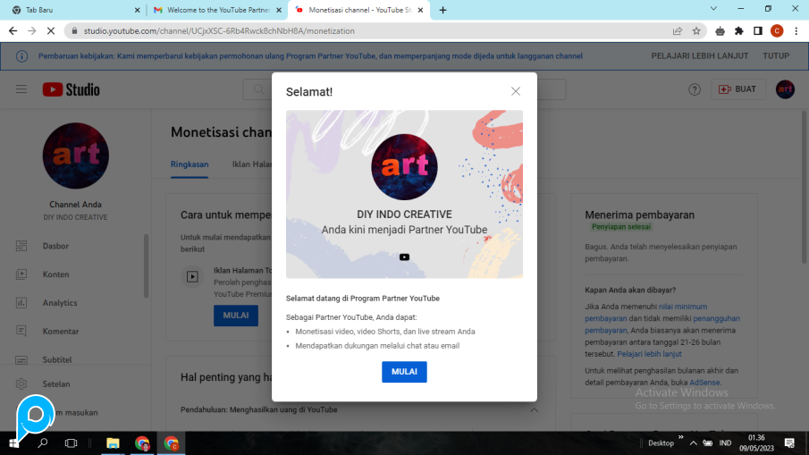 Akun Channel YouTube Monetasi 1.300 Subscribe