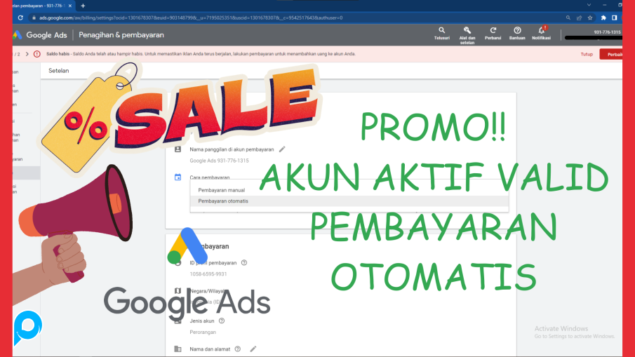 Akun Google Iklan Ads Aktif / Valid Pembayaran Otomatis