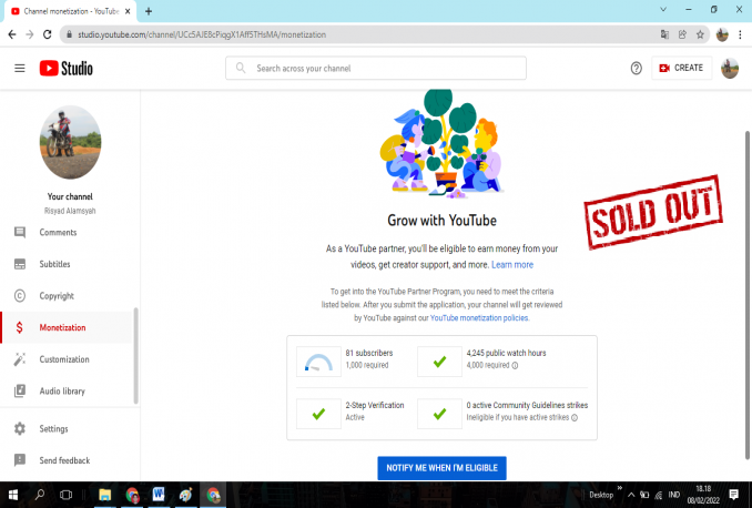 Akun Youtube Sudah 4.000 Jam Tayang Belum Monet (SOLD OUT)