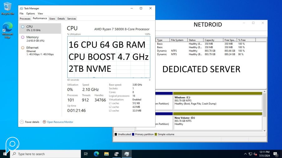 AMD Ryzen 7 5800X BARE METAL RDP ,Sup Emulator,Bot,OBS, Spek 16 CPU  4.8Ghz Turbo Boost 64/128GB RAM