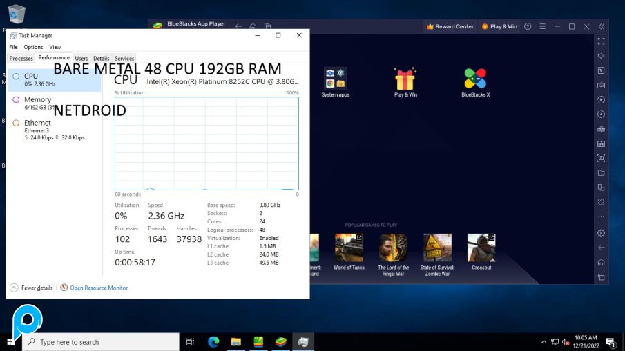 BARE METAL RDP HARIAN,Emulator,Bot,OBS, Windows,Linux  Spek 48 CPU 192GB RAM 4Ghz Turbo boost