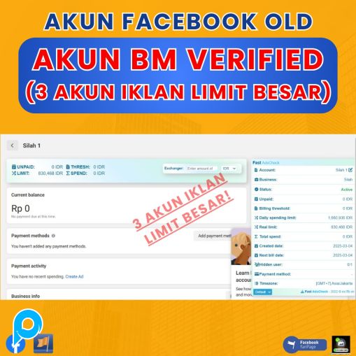 BUSINESS MANAGER | BM VERIF + 3 AKUN IKLAN LIMIT BESAR + AKUN FACEBOOK