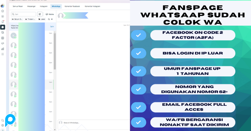 Fanpage Fiture  WhatsApp ( Sudah Colok Nomor WA) + FB +FP +BM Siap pakai Cocok untuk blast, iklan & 