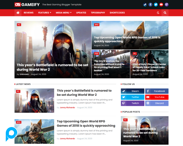 Gameify - Blog & Magazine Gaming Premium Blogger Template