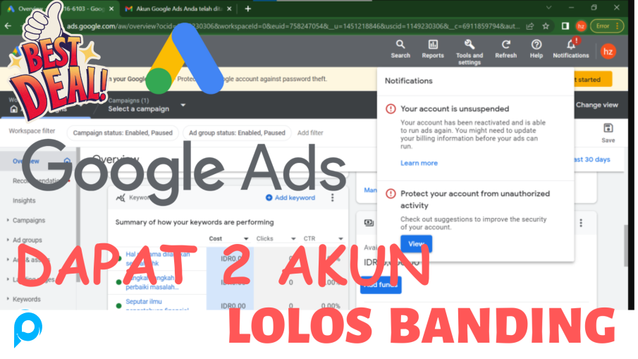 Promo!! 2 Akun Google Ads Iklan Lolos Banding Reactive