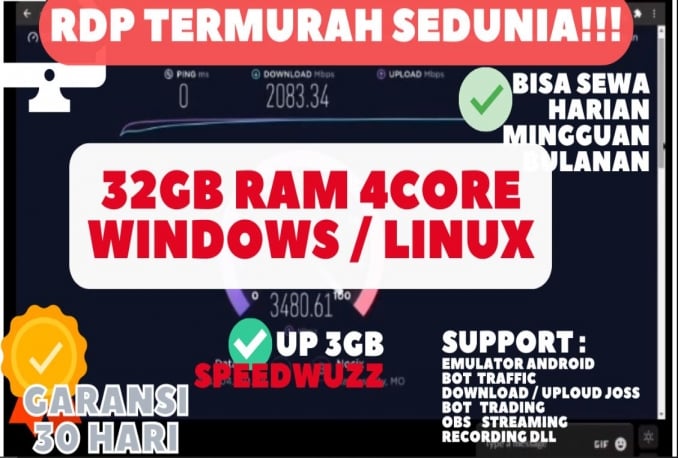 [PROMO] RDP/VPS HIGH 8 CORE 32GBRAM SSD 300GB FULL ADMIN FULL GARANSI 1 BULAN