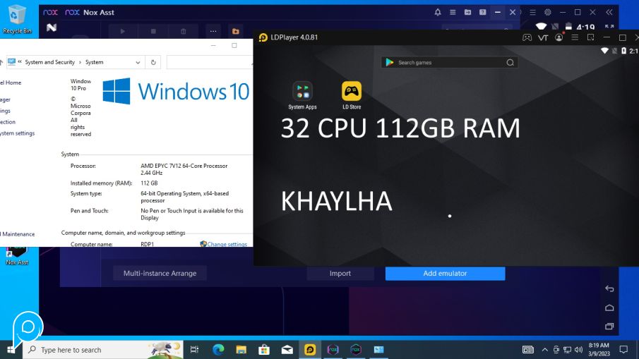 RDP+GPU/VGA Support,LD Player,Nox Emulator,OBS, Windows,Linux,dll  Spek 32 CPU 112GB RAM 831GB SSD