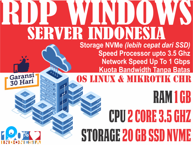 [SERVER INDONESIA BISA DIPERPANJANG] RDP/VPS RAM 1 GB - 2 vCPU - STORAGE 20 SSD NVMe MURAH BERGARANS
