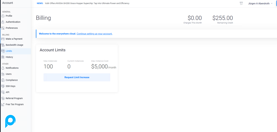 vultr 255 $ limit 100 cost max 5000$